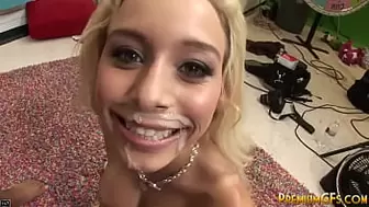 Blonde teenie swallows his huge schlong then she bends over and gets cunt nailed hard core.