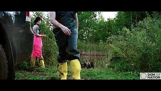 Submissive painslut softened up for painal punishment with some dunks in the pond - Lydia Dark and Charlotte Sartre in a real outdoor BDSM sex documentary filmed in Wisconsin