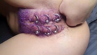 Purple Colored Hairy Pierced Cunt Get Anal Fisting Squirt