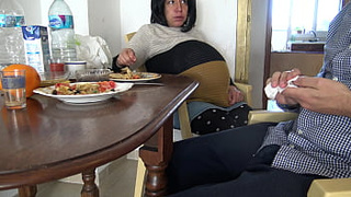 cute pregnant algerian milf and masturbating stepson during breakfast