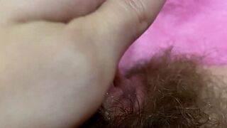 Monstrous pulsating clitoris cums in extreme close up with squirting hairy snatch grool play