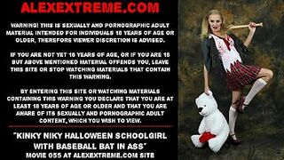 Slutty Niky Halloween schoolgirl with baseball bat in butt